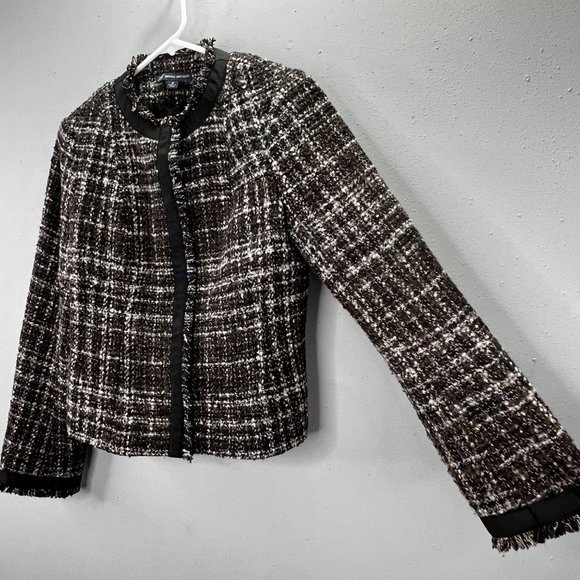 346 Brooks Brothers Boucle Tweed Blazer Jacket 6 Black Tan Ribbon Trim Snap Wool - Picture 2 of 6